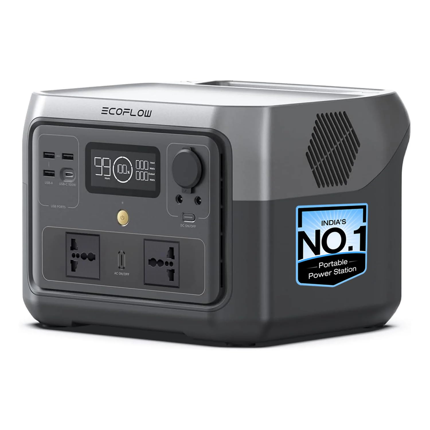 EF EcoFlow River 2 Max portable power station in black with digital display showing battery percentage