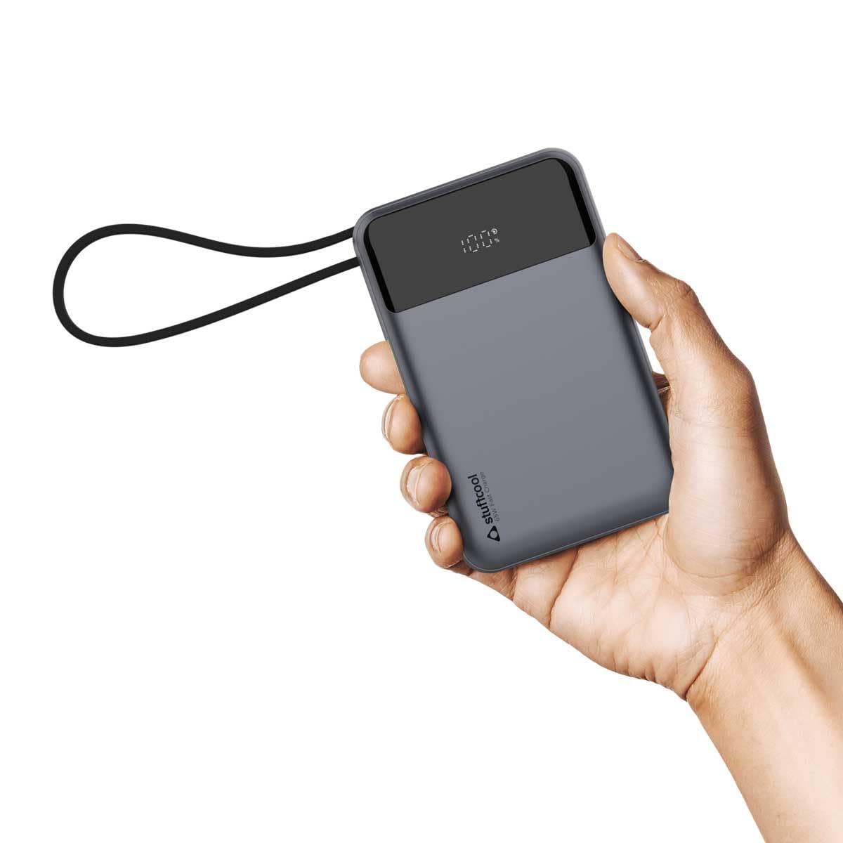 Stuffcool Giga Max compact 25000mAh power bank with TFT display and built-in USB-C cable